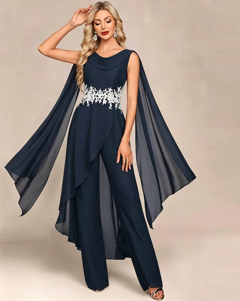 Navy Chiffon Lace Waist Cape Sleeve Formal Pant Suit