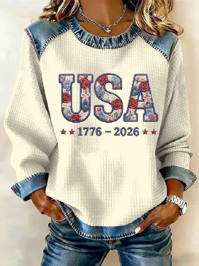 Women's US 250th Anniversary 1776-2026 Patchwork Sweatshirt – Floral USA Print Denim-Accent Pullover-pufftee