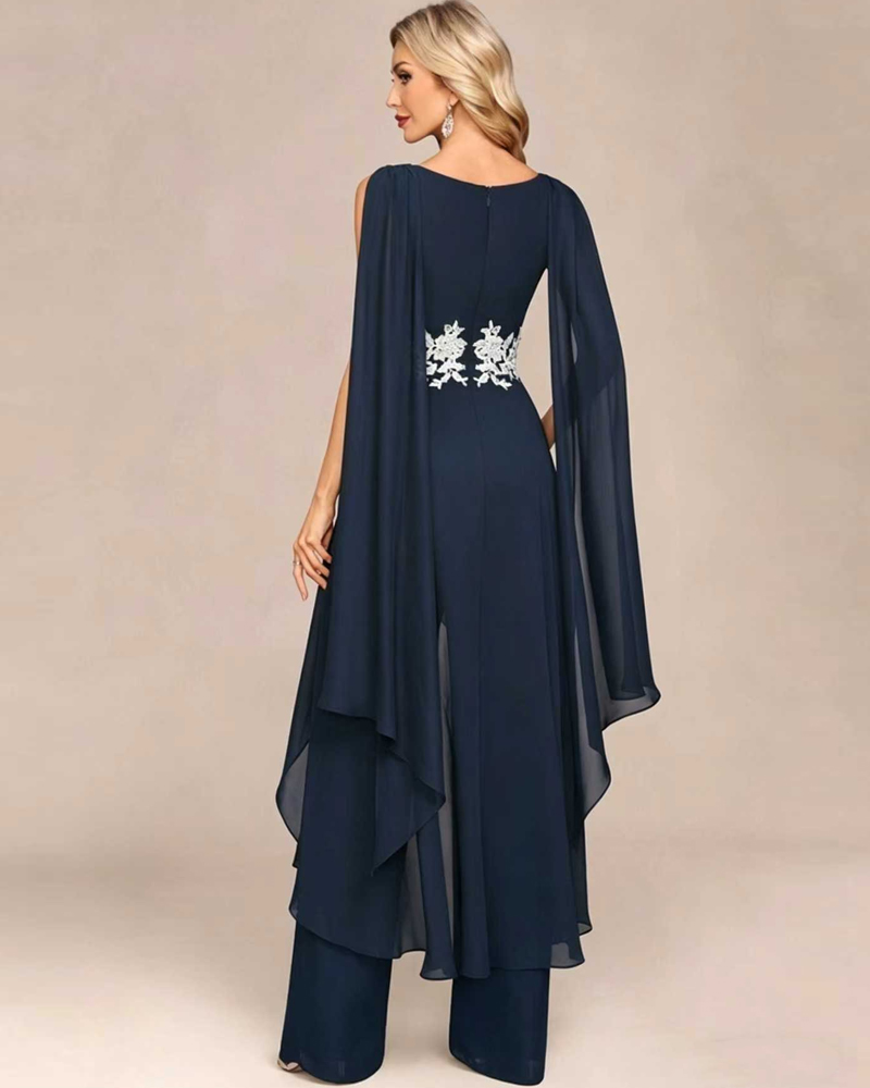 Navy Chiffon Lace Waist Cape Sleeve Formal Pant Suit