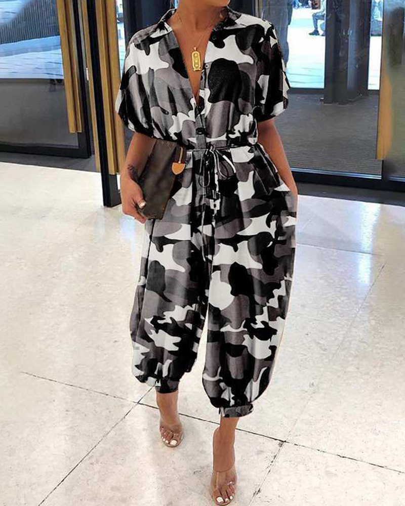 Collared Camouflage Button Jumpsuit
