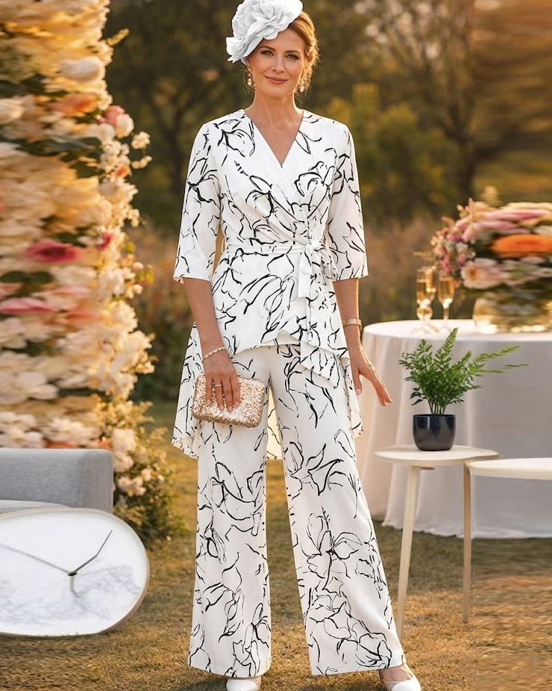 Zebra Pattern Satin Two Piece Set with Belted Waist