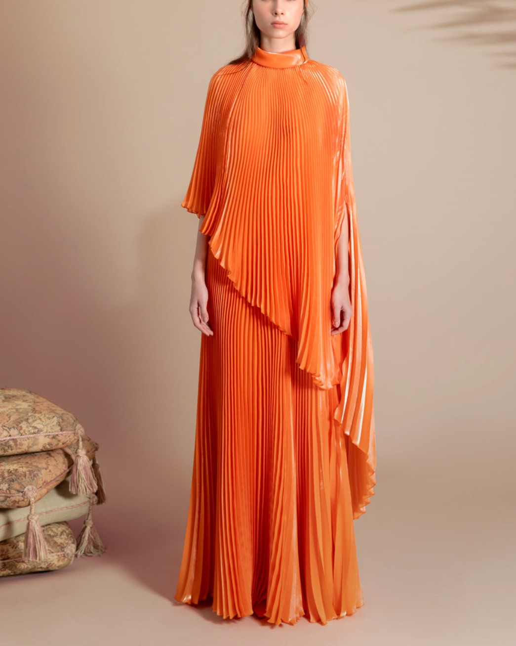 Full Pleated Flared Orange Dress