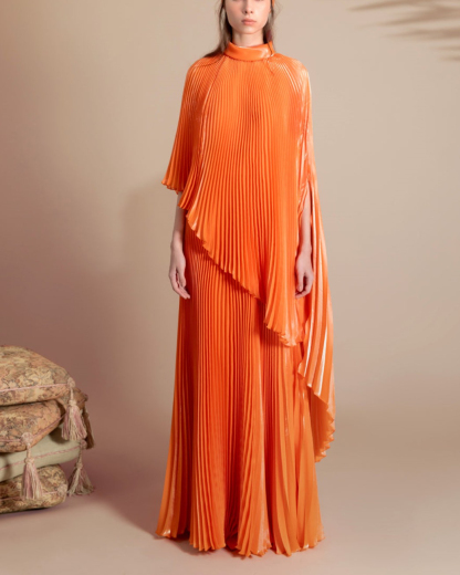 Full Pleated Flared Orange Dress
