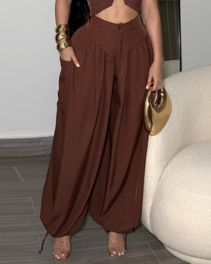 Sleeveless solid color casual two-piece set