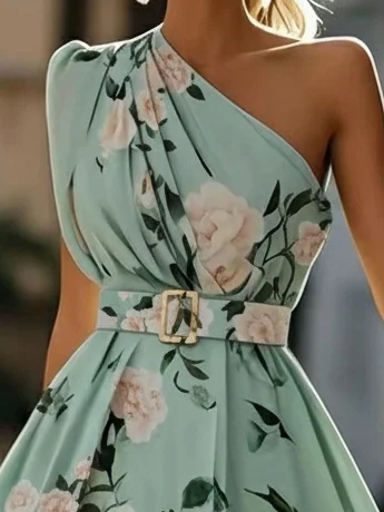 Light Green Floral Ruched One Shoulder A-Line Maxi Chiffon Dress