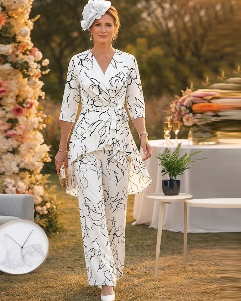 Abstract Print Wrap Peplum Two-Piece Pant Set