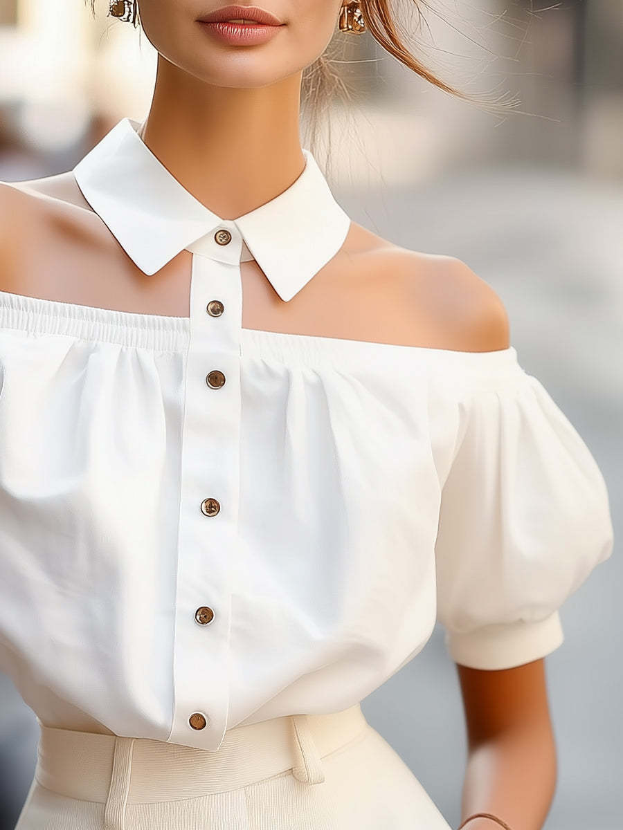 Chic Off-Shoulder Button-Up Blouse with Statement Collar