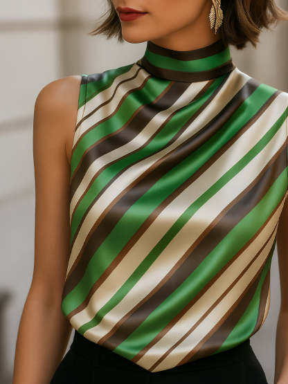 Striped Satin High-Neck Sleeveless Blouse