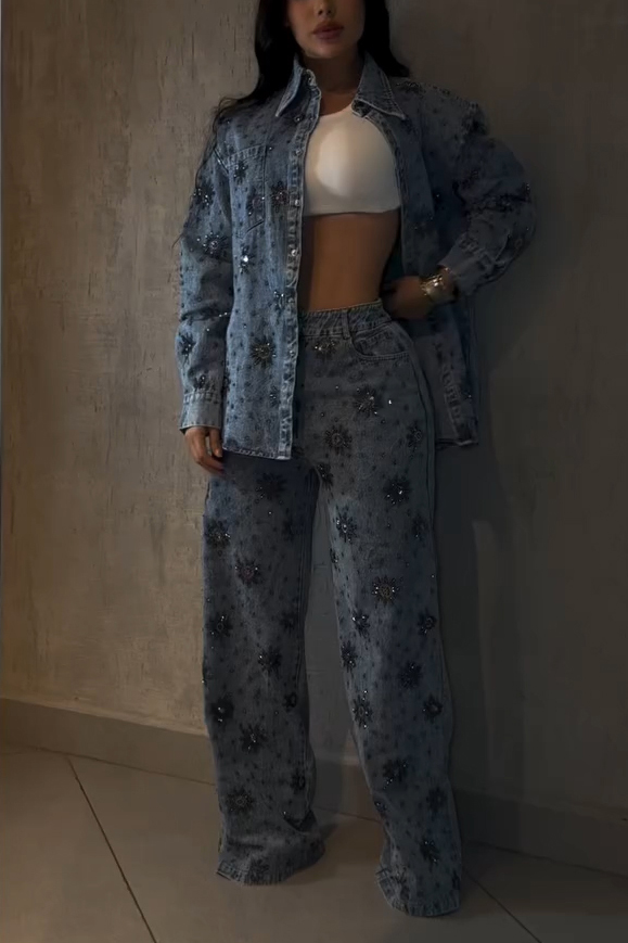 Fashion Rhinestone Floral Jacket + Elastic Waist Wide Leg Jeans