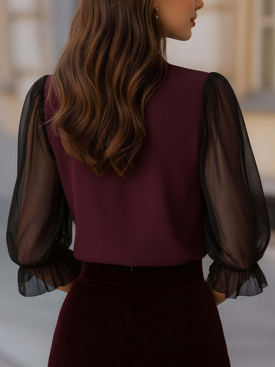 Sheer Puff Sleeve Button-Up Blouse