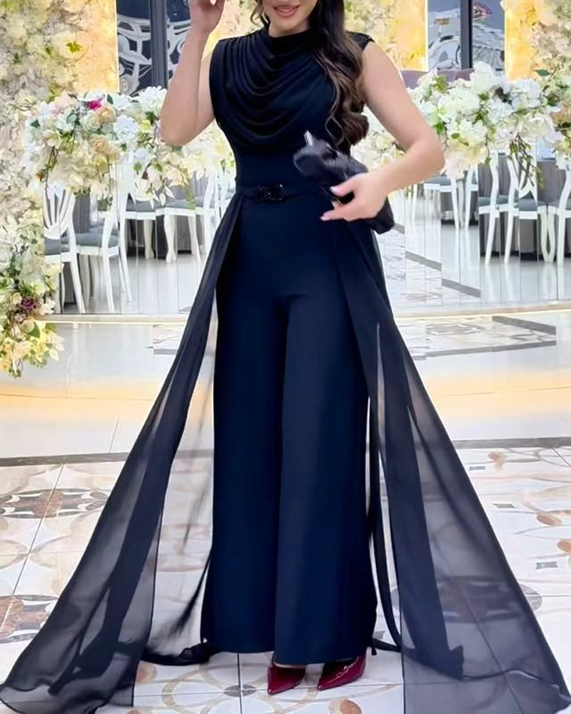 Black Draped Neck Jumpsuit with Chiffon Overlay