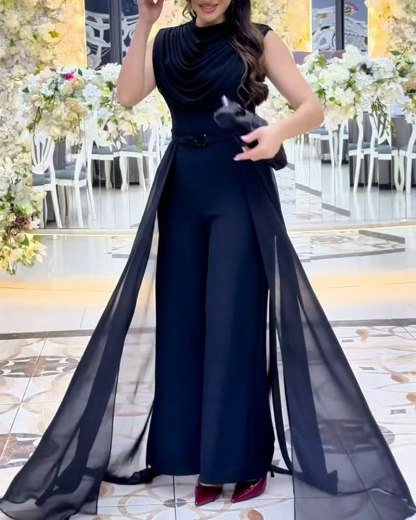 Black Draped Neck Jumpsuit with Chiffon Overlay