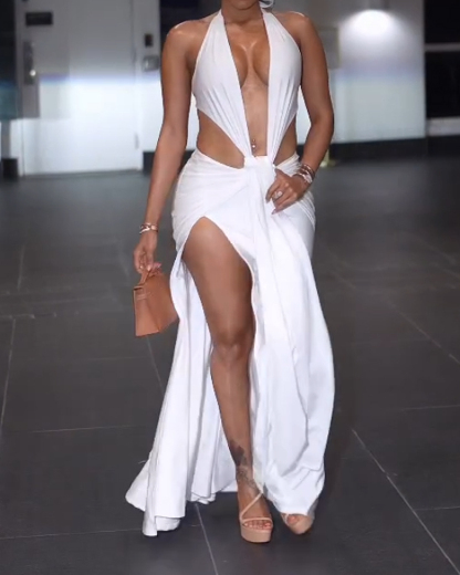 Sleeveless solid color hollow-out slit dress