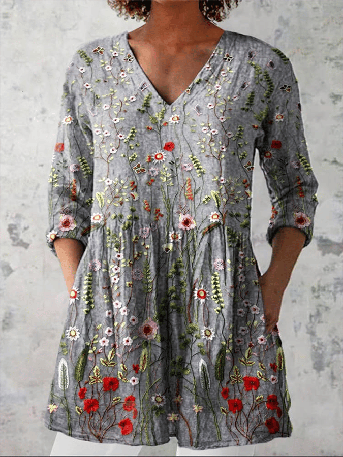 omen's Vintage Floral Art Print Casual Cotton Linen V-Neck Shirt