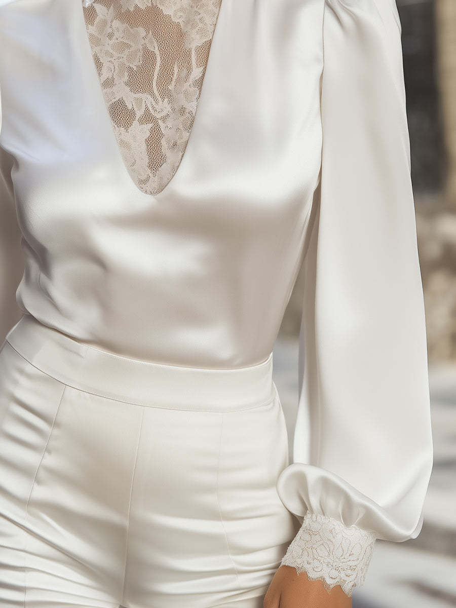 Lace-Detail High Neck Satin Blouse