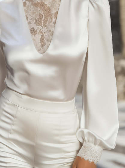 Lace-Detail High Neck Satin Blouse