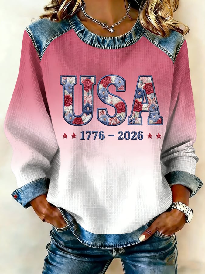 Women's US 250th Anniversary 1776-2026 Patchwork Sweatshirt – Floral USA Print Denim-Accent Pullover-pufftee