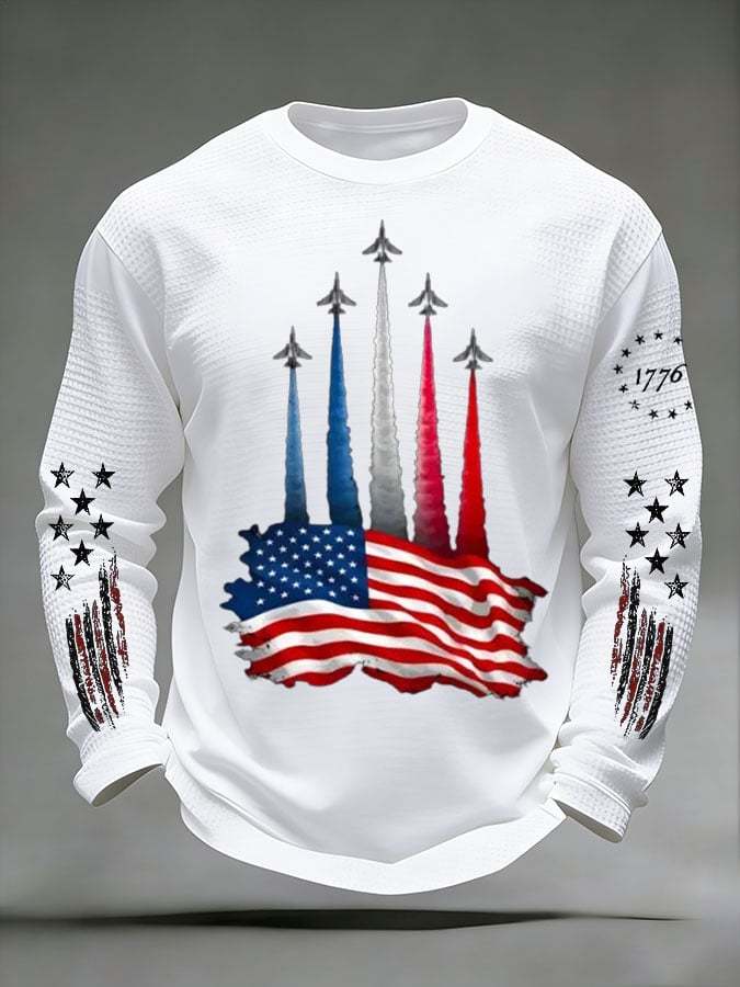 Men's 250th Anniversary US Flag Airplane Flyover Long-Sleeve Textured T-Shirt-pufftee