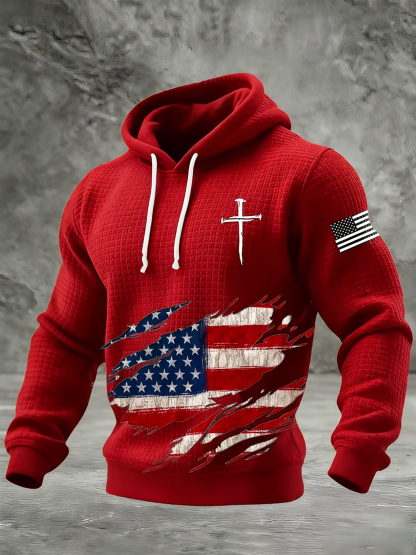 Men's Faith & Freedom Distressed Flag Waffle Knit Hoodie-pufftee