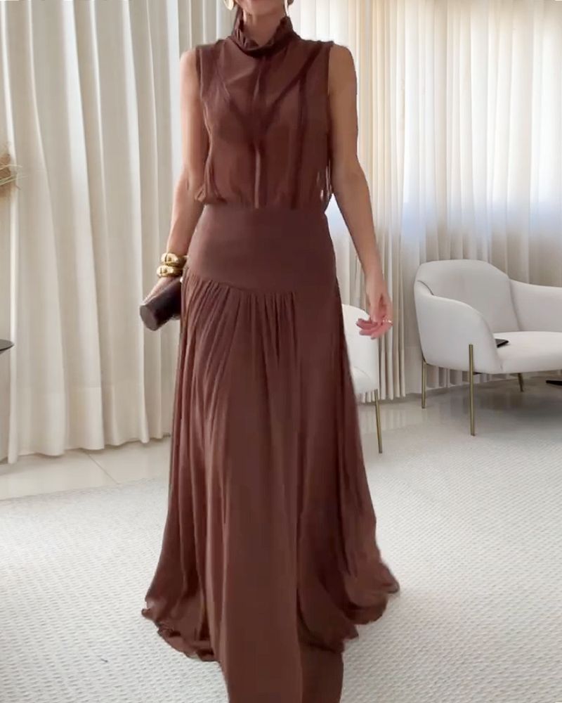 Elegant sleeveless solid color waist-cinching dress