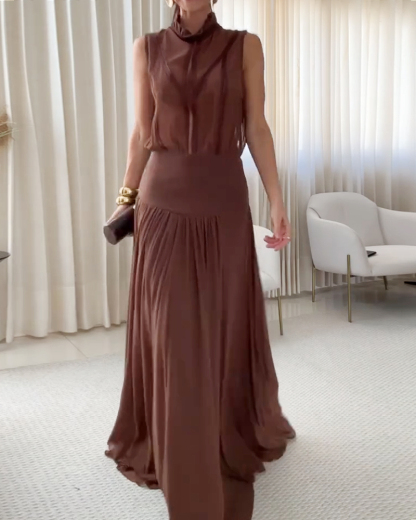 Elegant sleeveless solid color waist-cinching dress