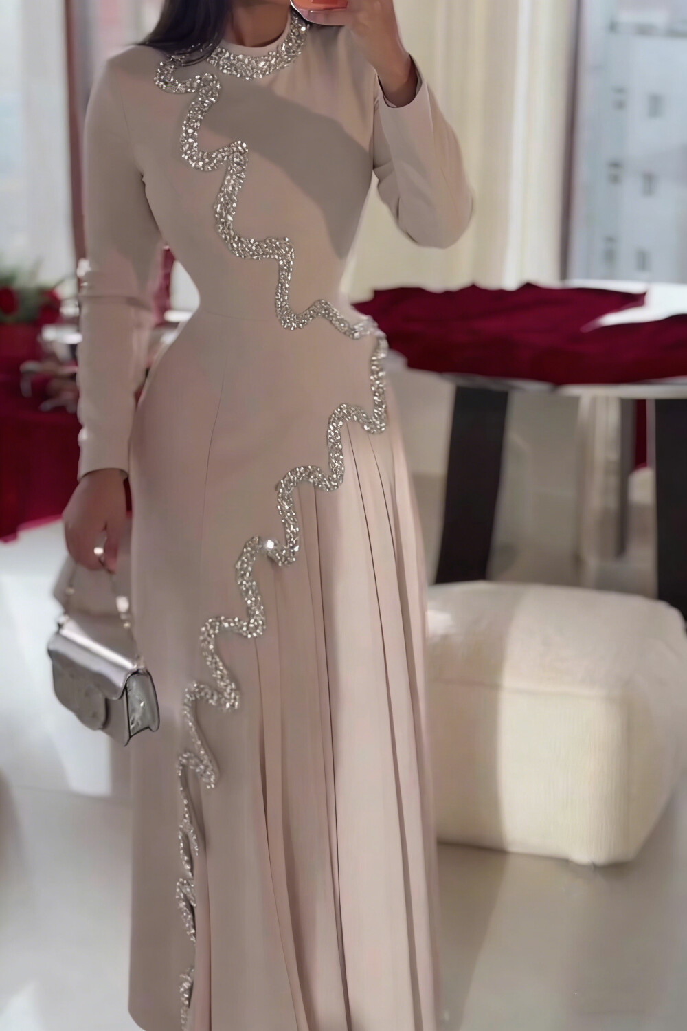 Asymmetric Hot Drilling Patchwork Mock Neck Party Maxi Dresses