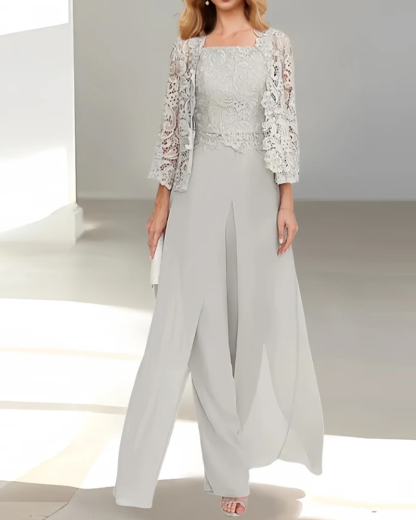 Chiffon Square Neck Floor-Length Mother of the Bride Pantsuits with Jacket & Split Side