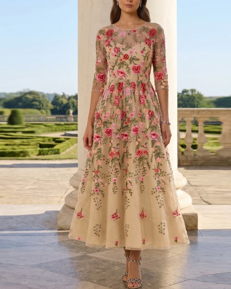A-Line/Princess Scoop Lace Embroidery Dresses 3/4 Sleeves Floral Tea-Length