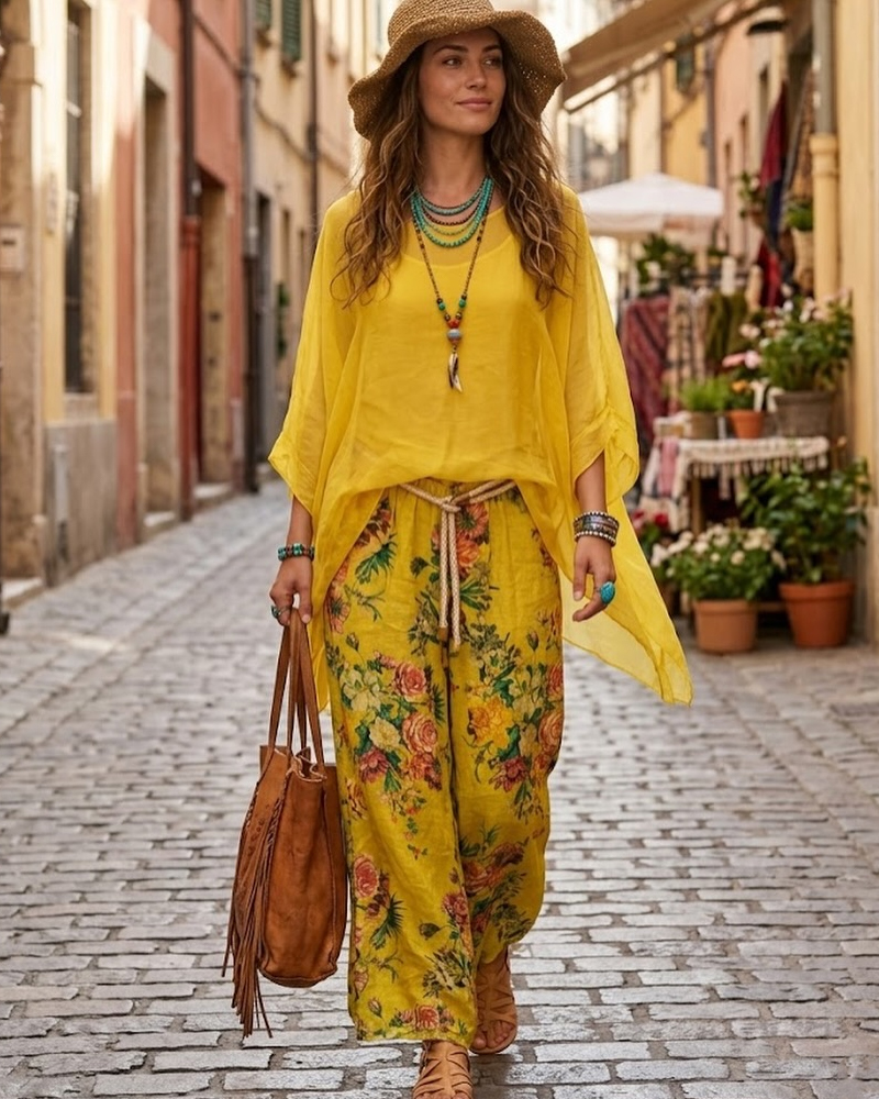 Sleeveless Yellow Boho Overlay Top & Printed Wide Leg Palazzo Pants Set