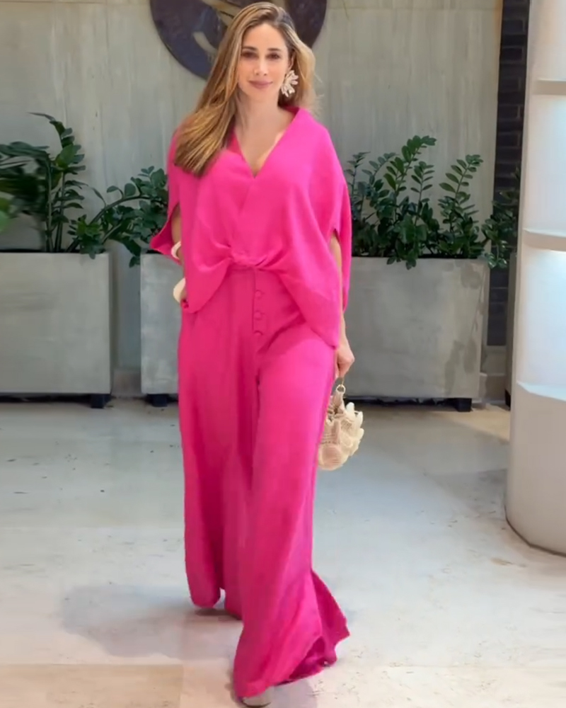 Women Summer Two Piece Set - Hot Pink Cape Sleeve Blouse & High Waisted Wide Leg Pants