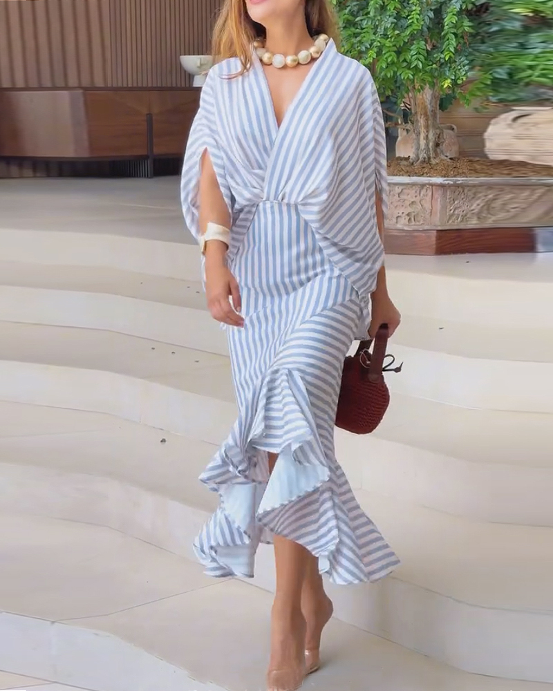 V-neck printed striped two-piece set