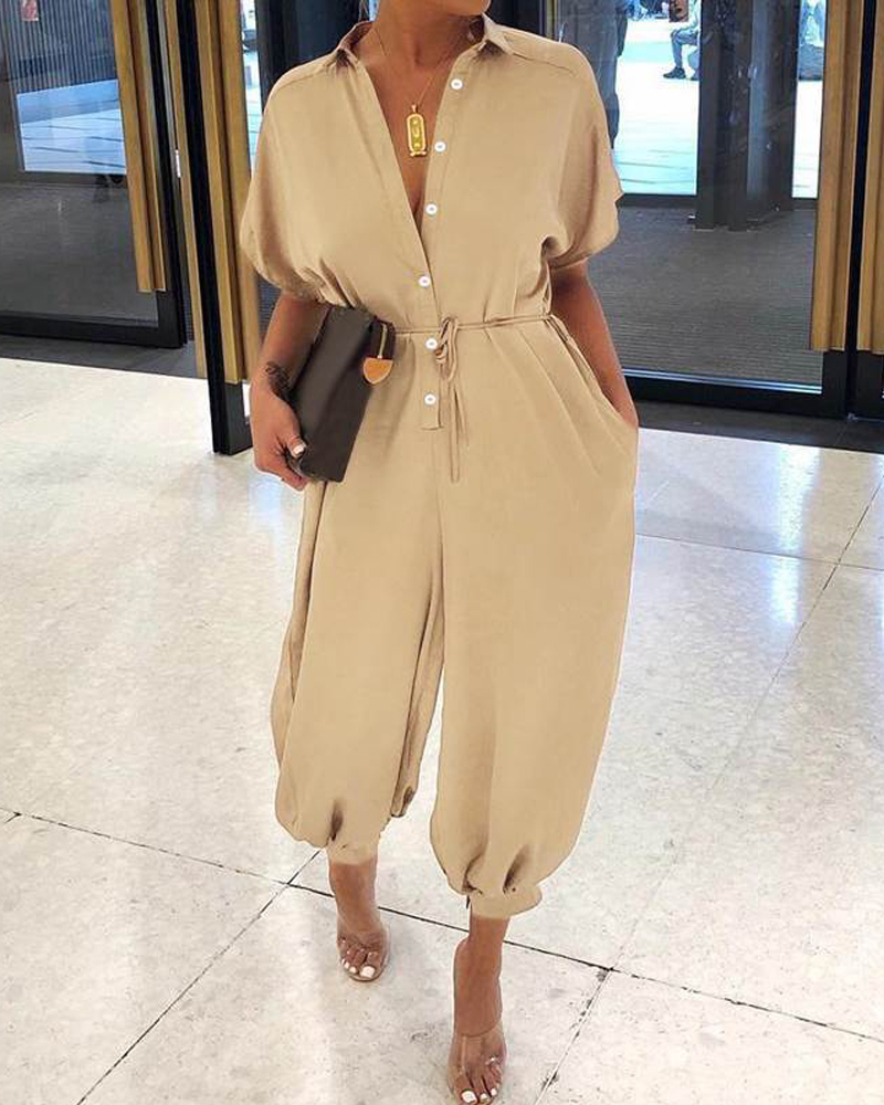 Lapel solid color button jumpsuit