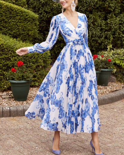 White Blue Floral Pleated Midi Dress with Puff Sleeves