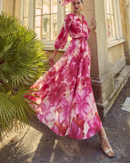 Fuchsia Pink Floral Long Sleeve Midi Dress