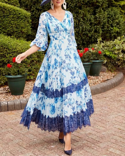 White Blue Floral Print Chiffon Midi Dress with Lace Trim