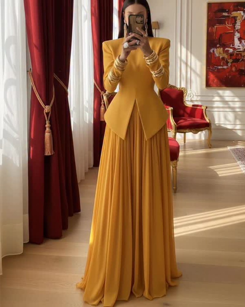 Elegant Solid White Two-Piece Maxi Dress with Pleated Skirt & Structured Blazer Top