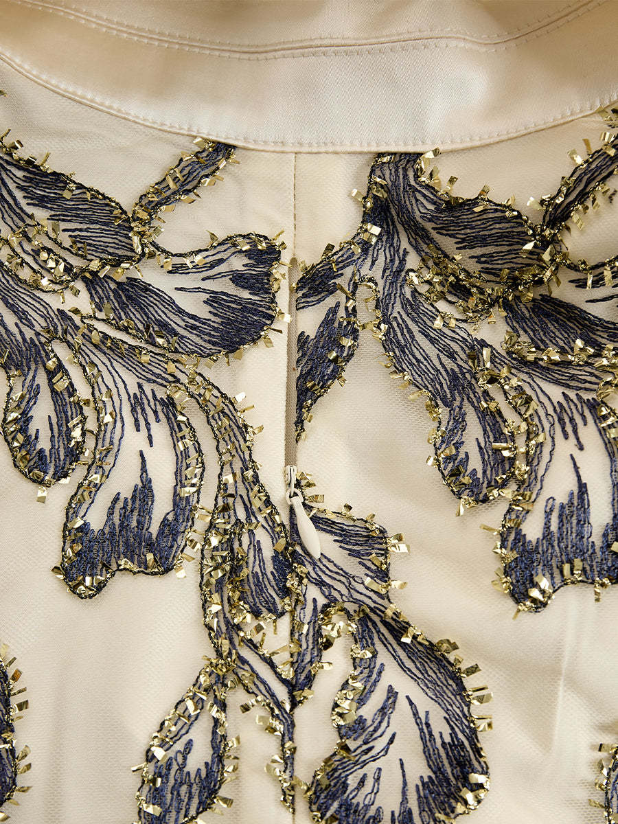 Mooyius Embroidered Mesh Midi Dress With Metallic Leaf Motif