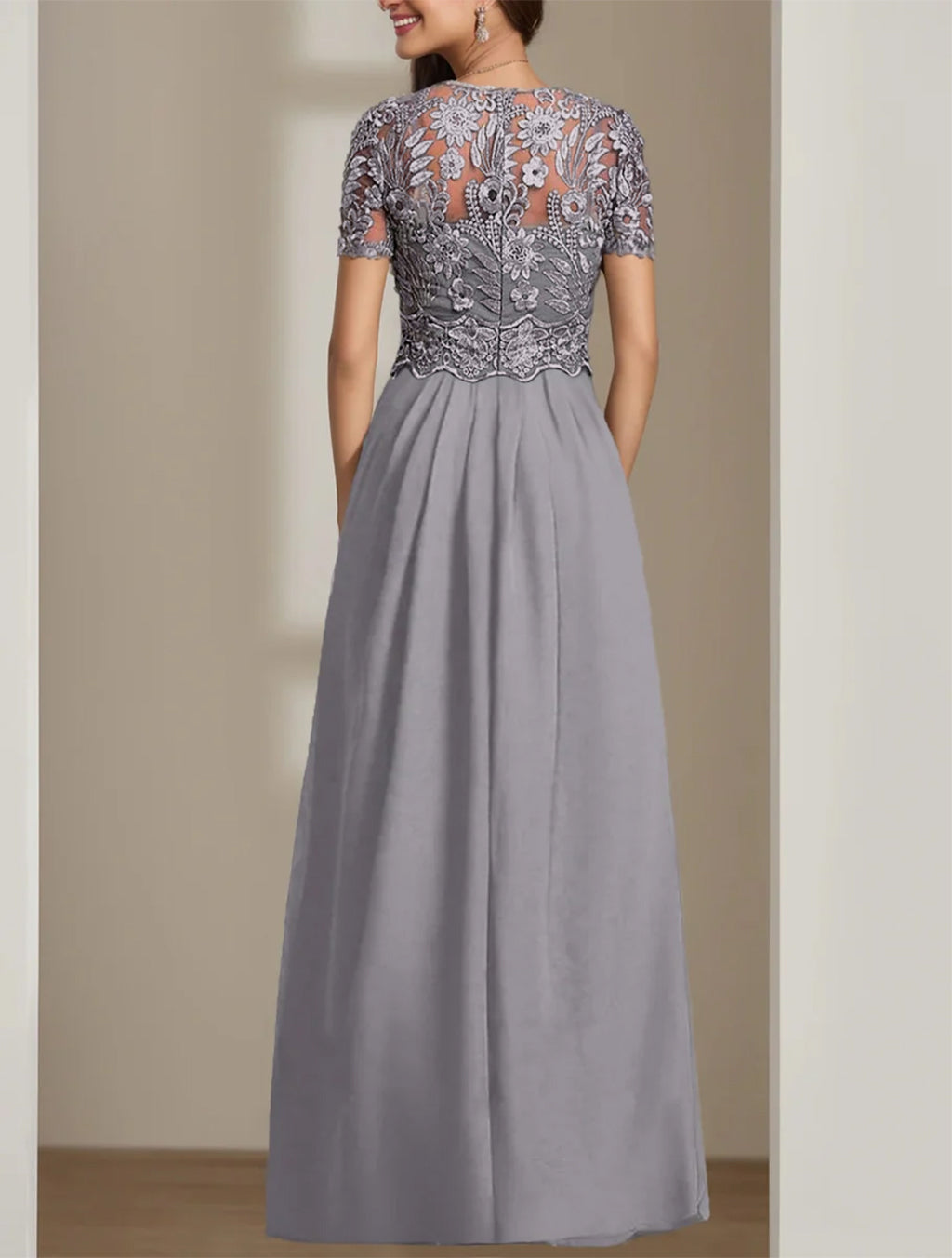 Stretch Chiffon Round Neck Short Sleeves Floor LengthPantsuits with Appliques Lace