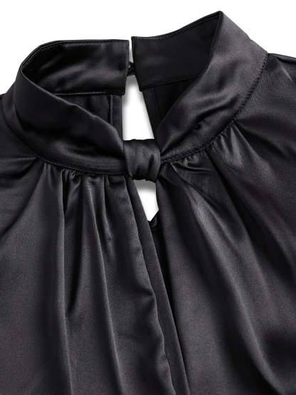 Sophisticated White Satin Blouse with Modern Keyhole Neckline