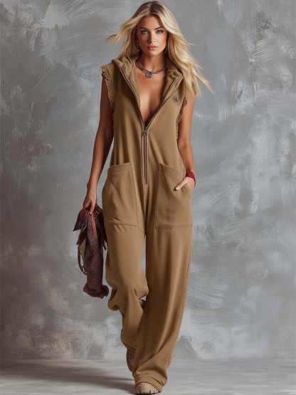 Retro Fashiona Sporty Hooded V-neck Front Zipper Raspberry Red Cotton Jumpsuit