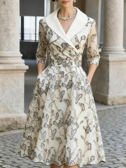 Mooyius Embroidered Mesh Midi Dress With Metallic Leaf Motif