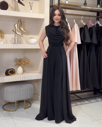 Black Draped Cowl Neck Belted Formal Maxi Jumpsuit
