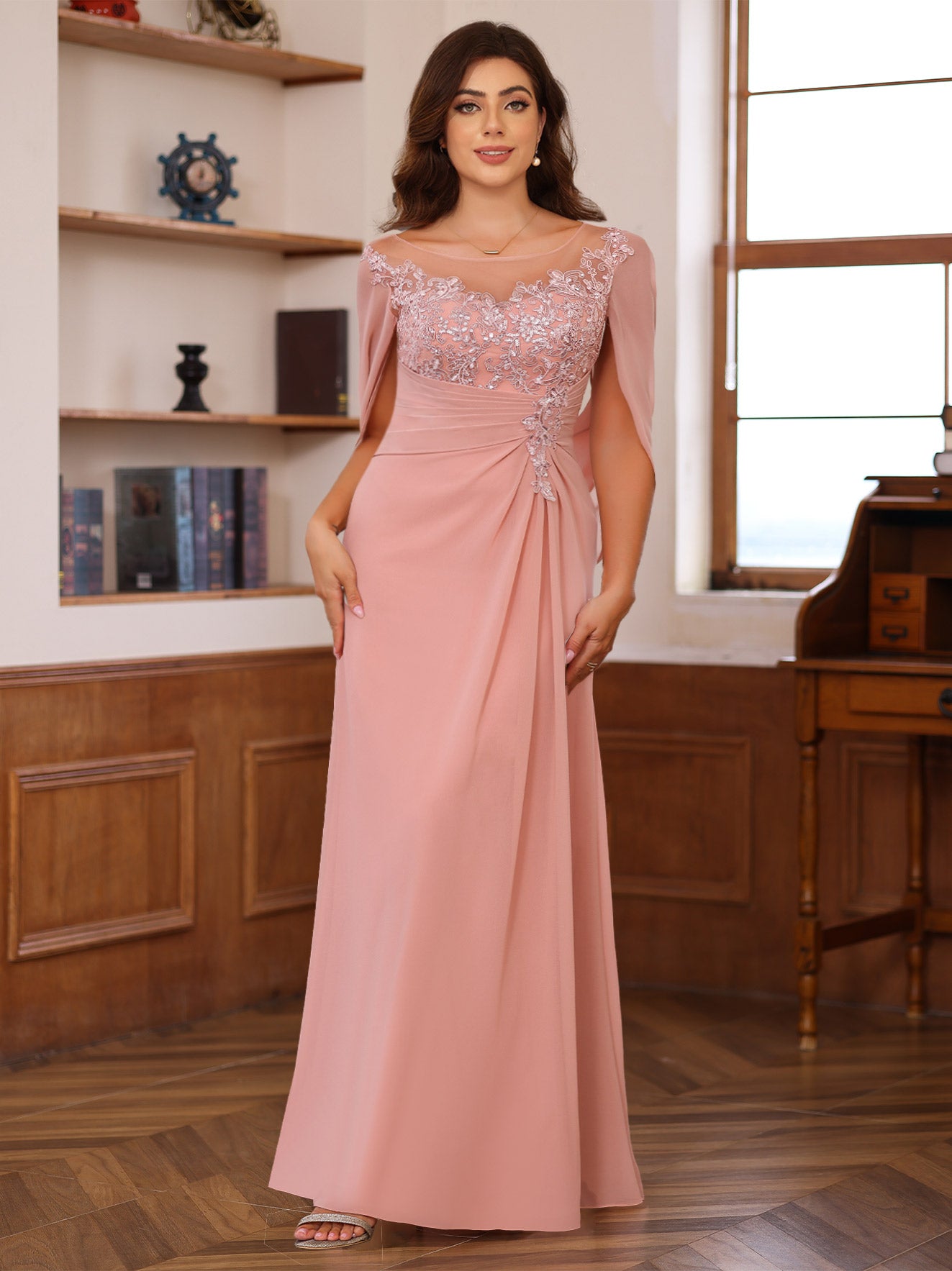 A-Line/Princess Scoop Floor-Length Outfits with Pleated & Sequins