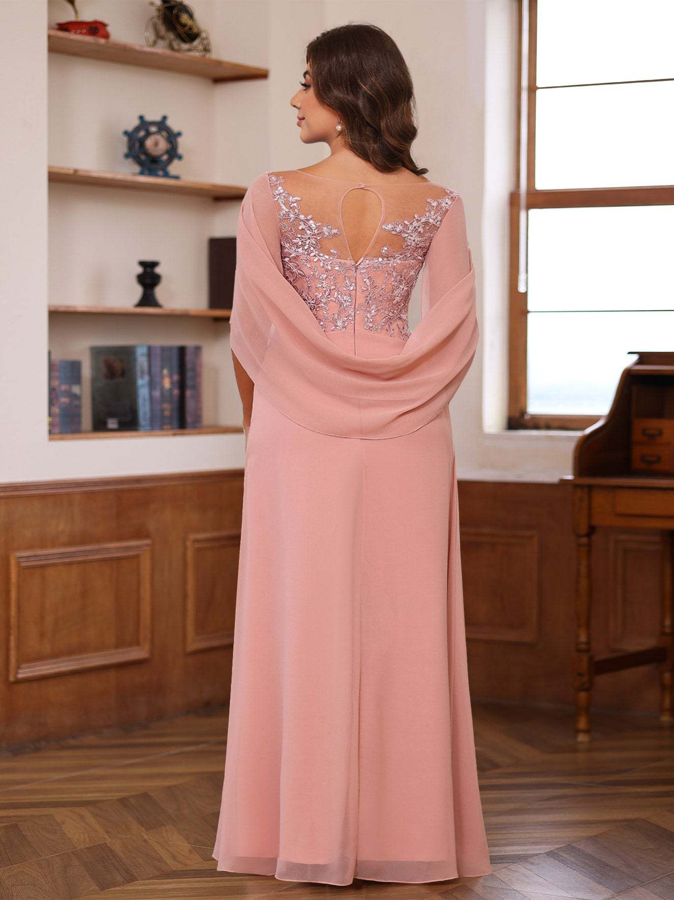 A-Line/Princess Scoop Floor-Length Outfits with Pleated & Sequins
