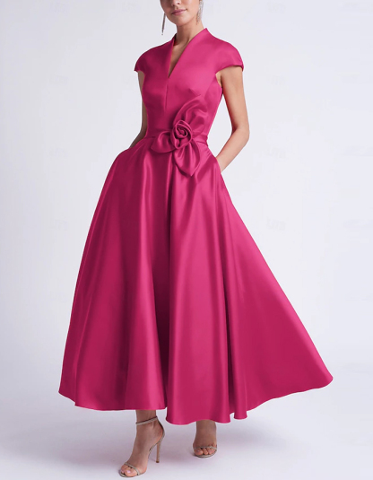 A-line Sleeveless V-neck Pocket Satin Maxi Dress