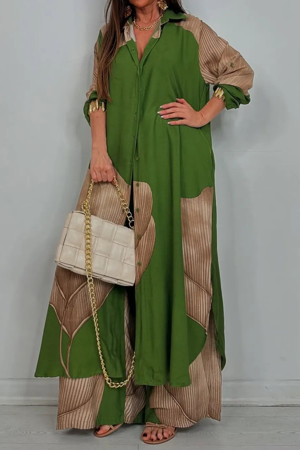 Leaf Print Colorblock Turndown Collar Long Shirt Wide Leg Pants 2pcs Set