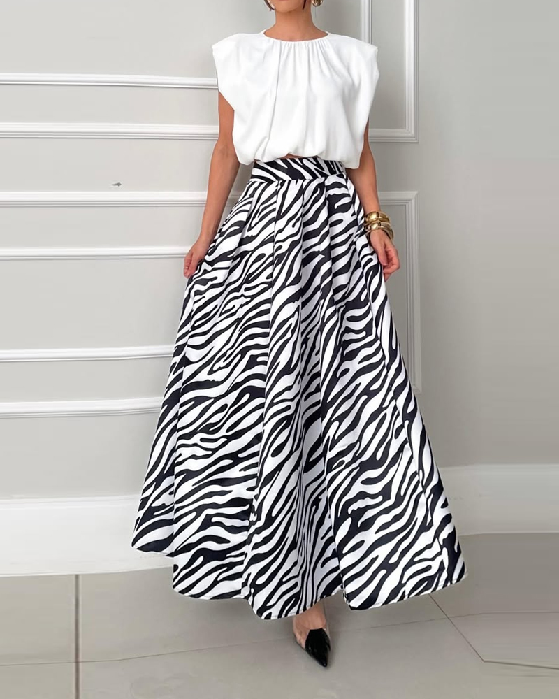 Sleeveless Round Neck Printed Two-Piece Set