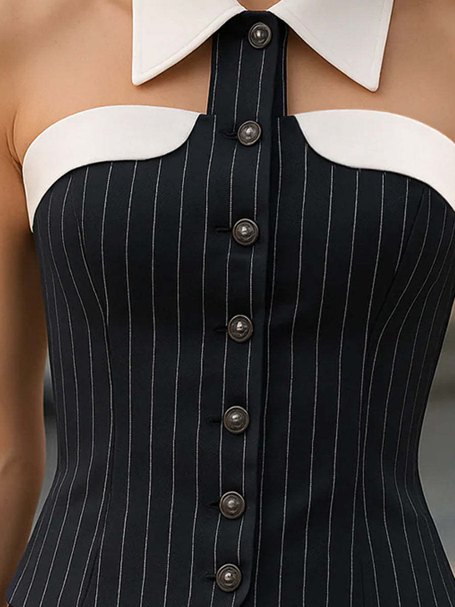 Pinstripe Top With Contrast Collar And Button Front