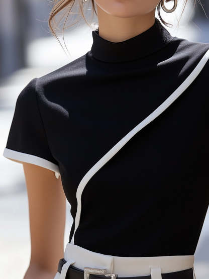 Elegant Black High-Neck Top with White Trim