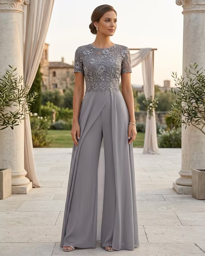 Stretch Chiffon Round Neck Short Sleeves Floor Length Pantsuits with Appliques Lace